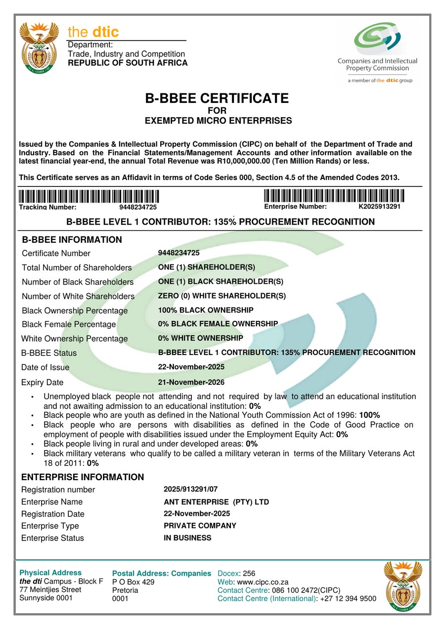 B-BBEE Certificate for ANT Enterprise (Pty) Ltd, issued by the Companies and Intellectual Property Commission, showing Level 1 Contributor status with 135% procurement recognition